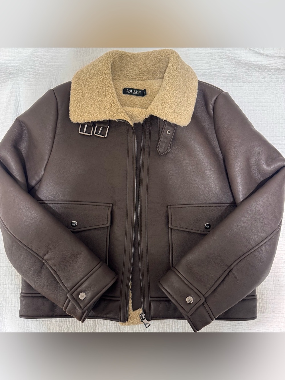Lauren Ralph Lauren Brown faux Leather Bomber with Shearling Collar,new, size M
